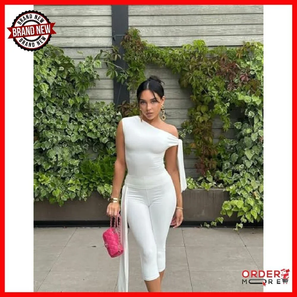 Sleeveless One Shoulder Crop Top Bodycon Capri Pants Set Polyester
